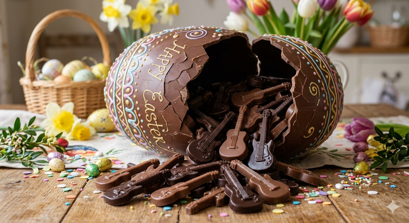 Chocolate egg with guitar-shaped candies on a wooden table with Easter decorations.