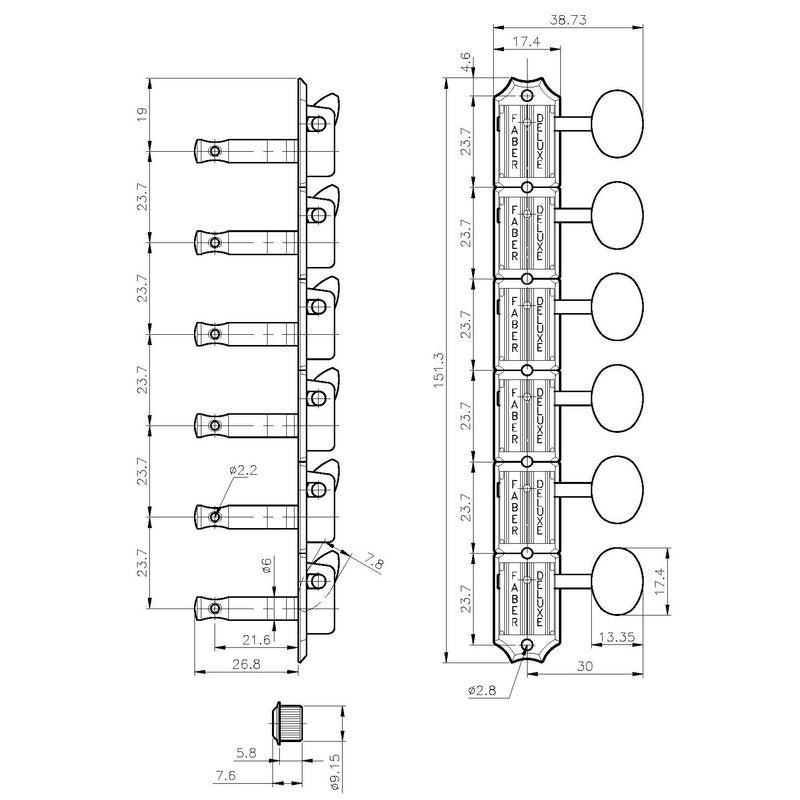 Faber FKT6L-NG Kluson 6 in line tuners with vintage push in bushing