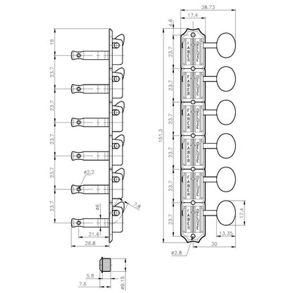 Faber FKT6L-NG Kluson 6 in line tuners with vintage push in bushing